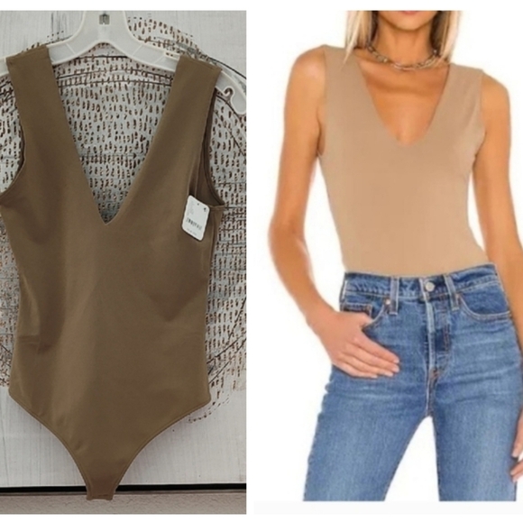 New FREE PEOPLE Tan V-Neck Bodysuit Small - Picture 2 of 16